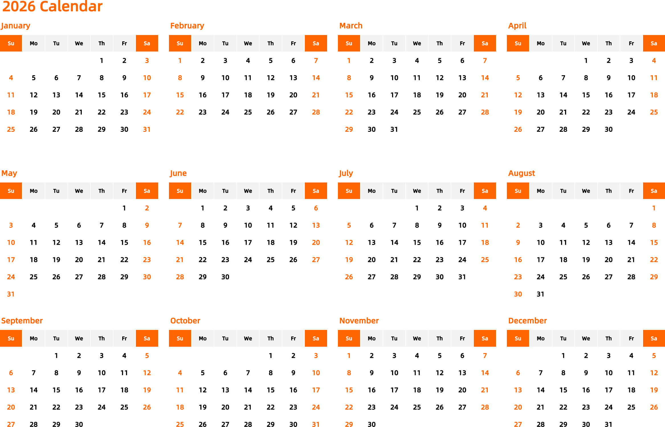 日历表2026年日历英文版横向排版周日开始- 模板[DF008] - 日历精灵